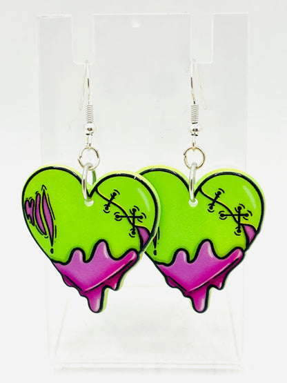 Green Zombie Heart Earrings