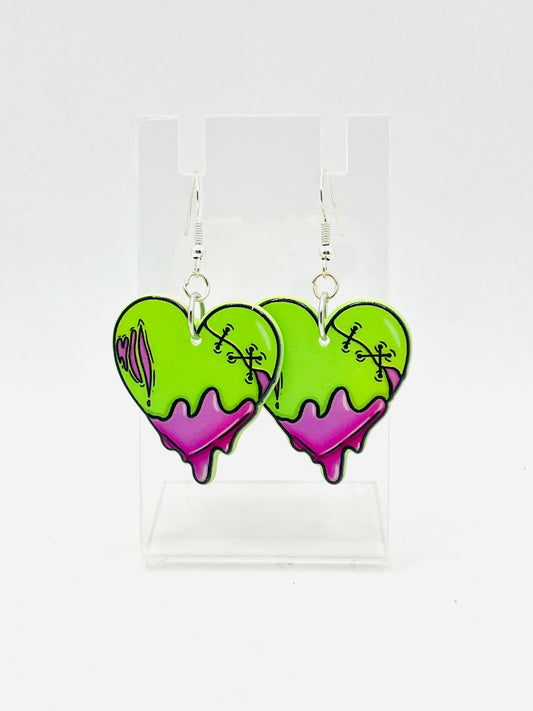 Green Zombie Heart Earrings